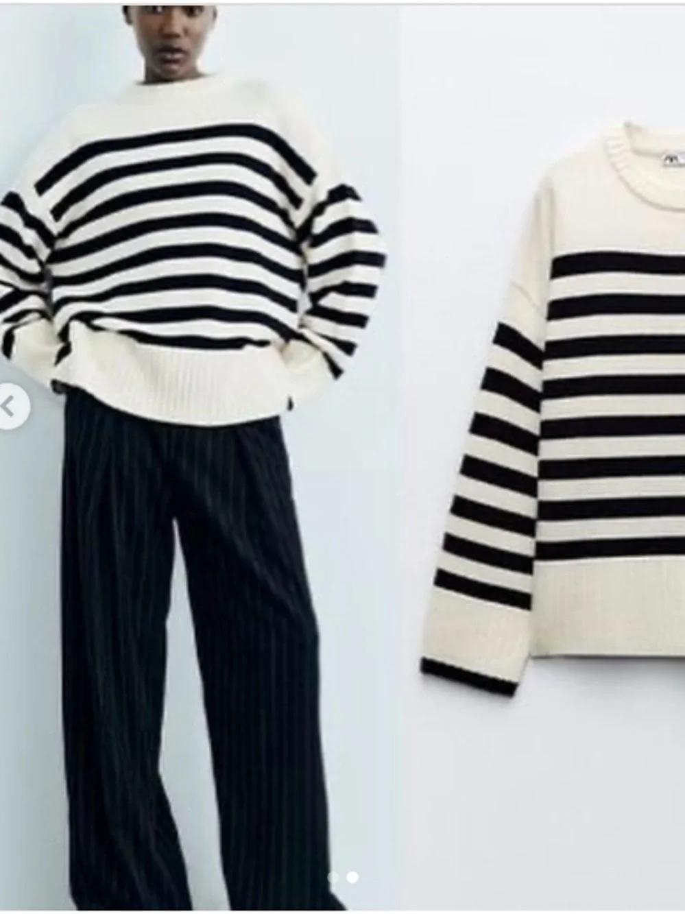 Zara Women’s Striped Crew Neck Black & Cream Sweater Small - Picture 3 of 10